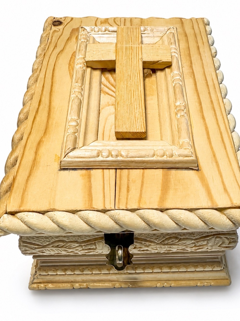 Wooden Decorative Prayer Box with Cross - Light Natural Finish